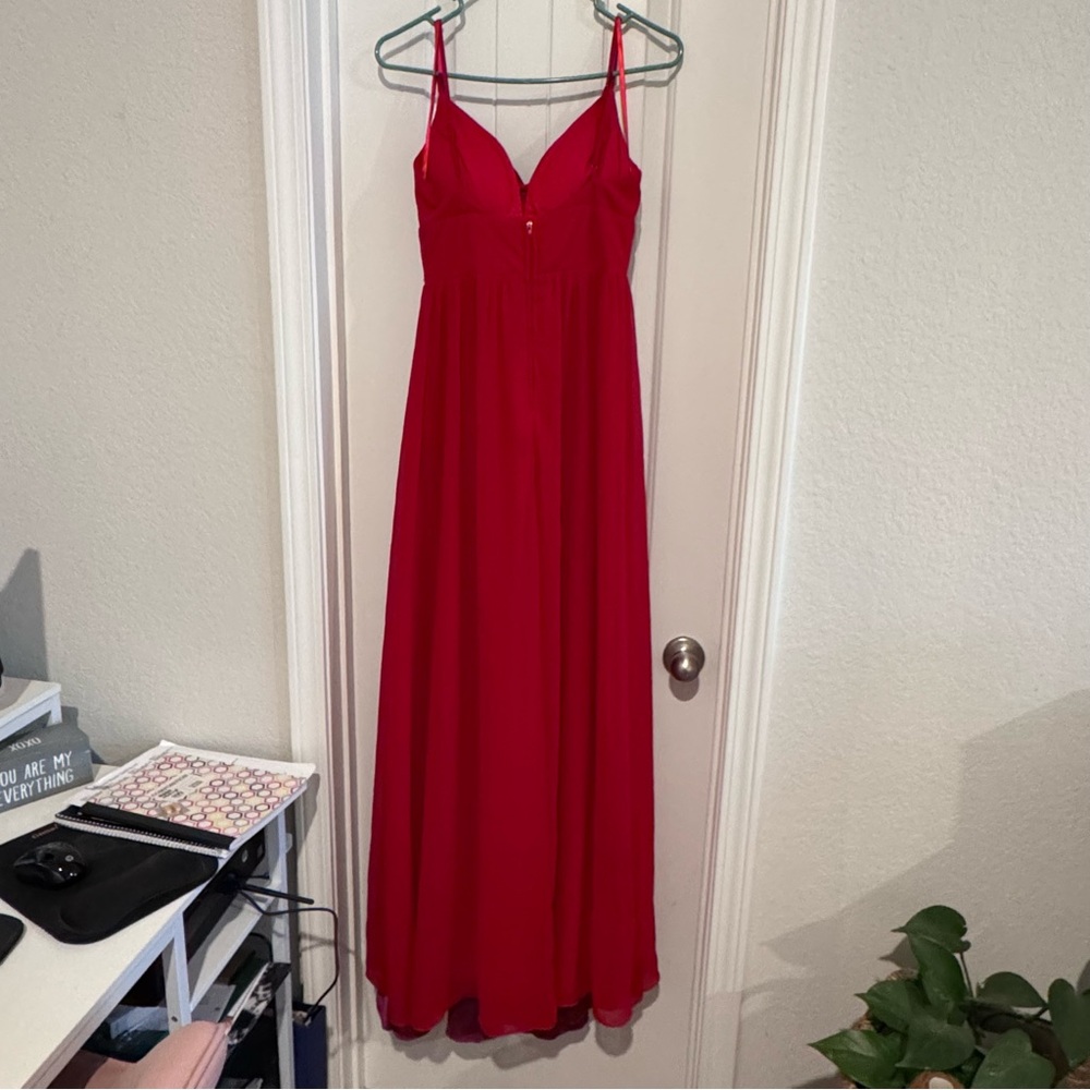 Red formal satin and sheer dress